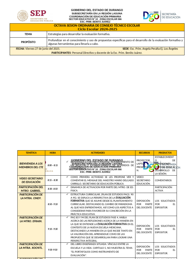 Octava Sesion Ordinaria de Consejo Técnico Escolar | PDF | Plan de ...