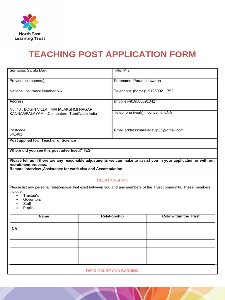 Teacher Application: Sarala Devi | PDF | Criminal Record