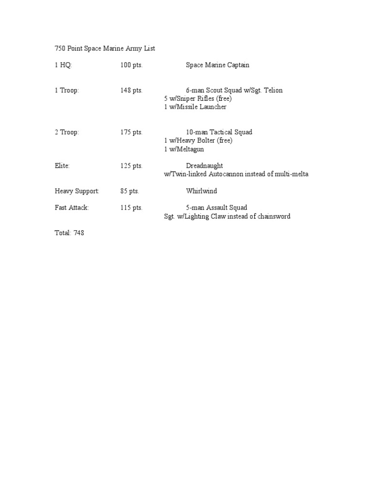 750 Point Space Marine Army List PDF