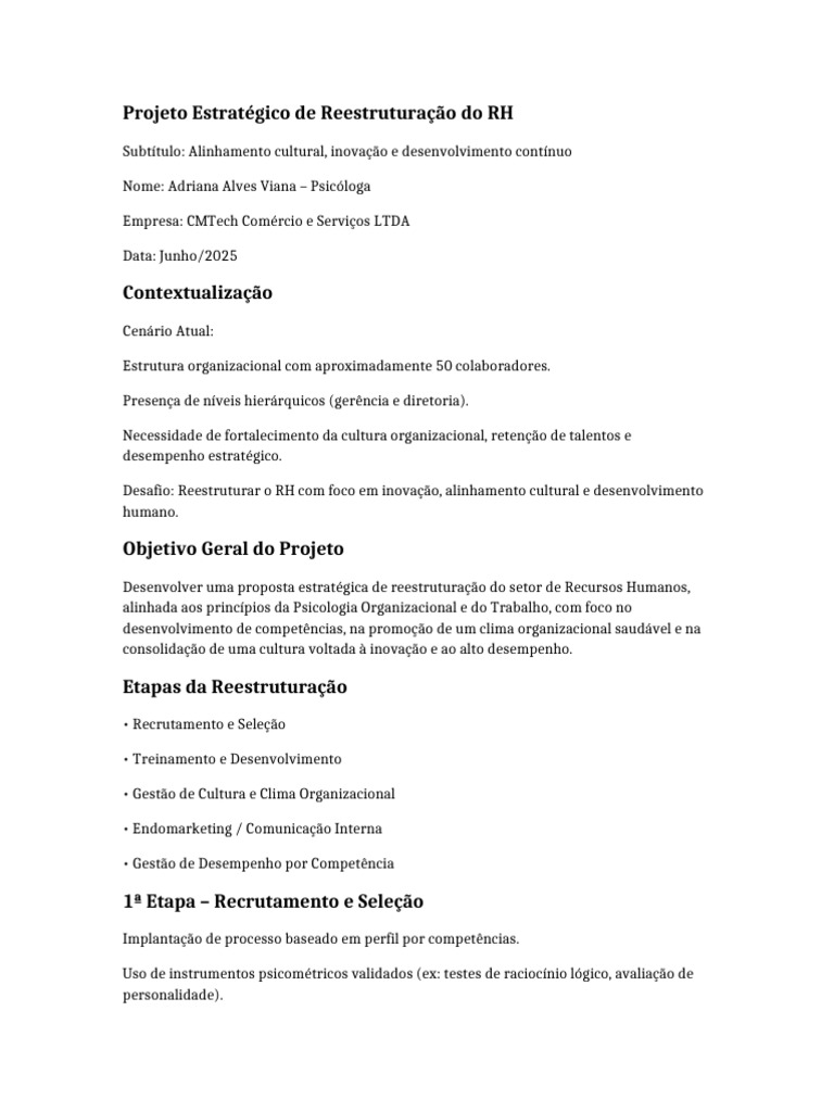 Reestruturação Estratégica do RH na CMTech | PDF | Gestão de recursos ...