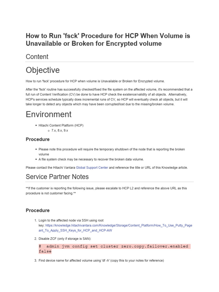 How To Run 'FSCK' Procedure For HCP When Volume Is Unavailable or ...