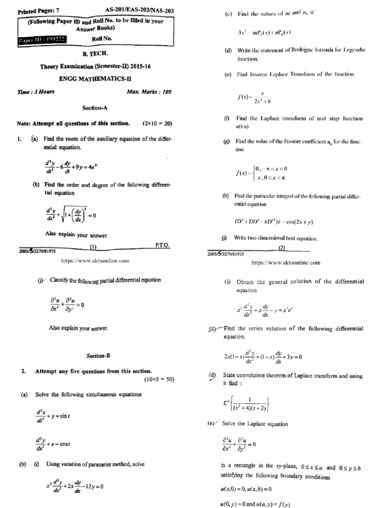 Btech 2 Sem Engineering Mathematics 2 As 201 2016 | PDF