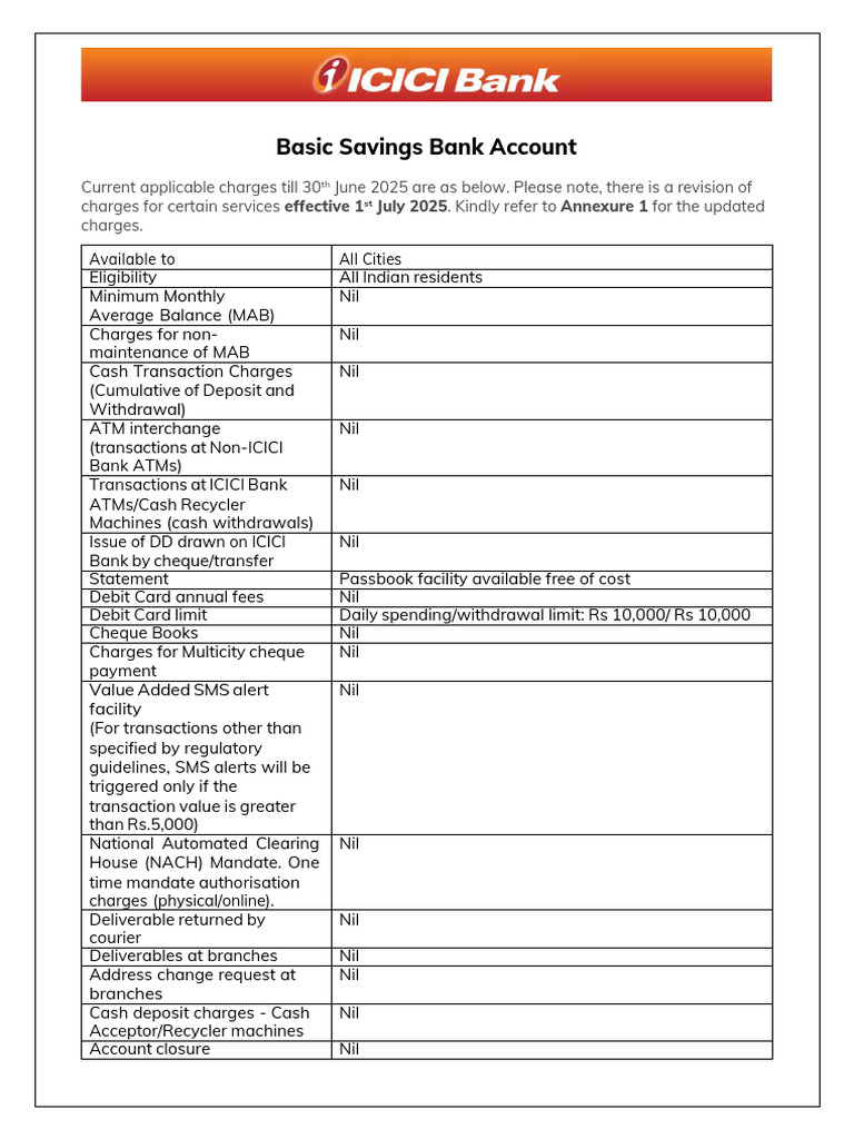 ICICI Basic Savings Account Charges 2025 | PDF | Debit Card | Cheque