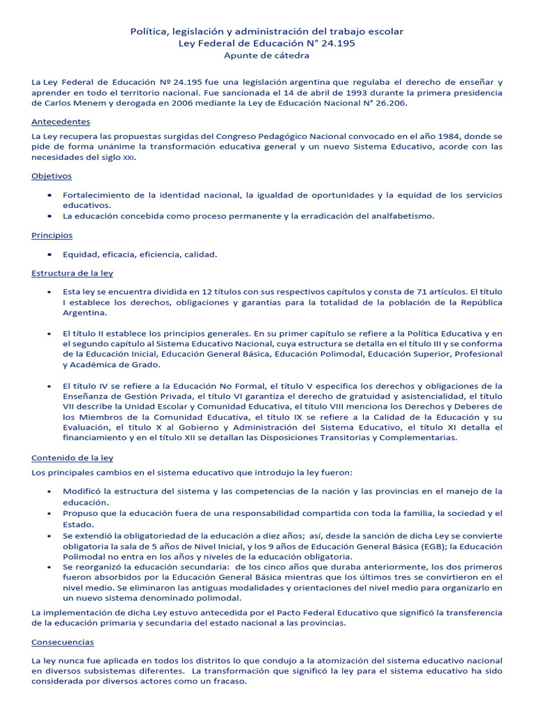 Ley Federal de Educación, Breve Resumen | PDF | Educación de la primera ...