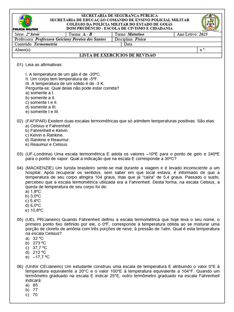 Exercícios de Revisão em Termometria | PDF | Celsius | Temperatura