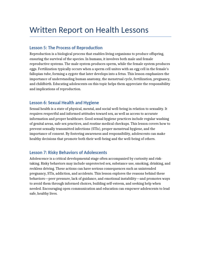 Health Lessons Written Report | PDF