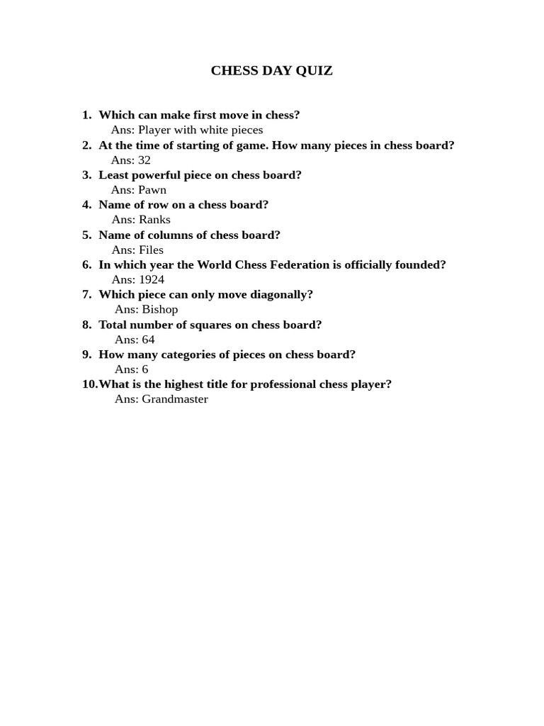 World Chess Day Quiz Questions | PDF
