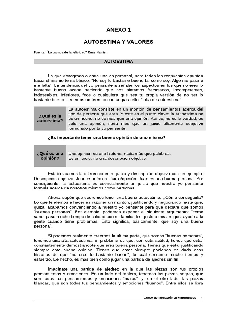 Anexo 1 Autoestima y Valores | PDF | Autoestima | Pensamiento