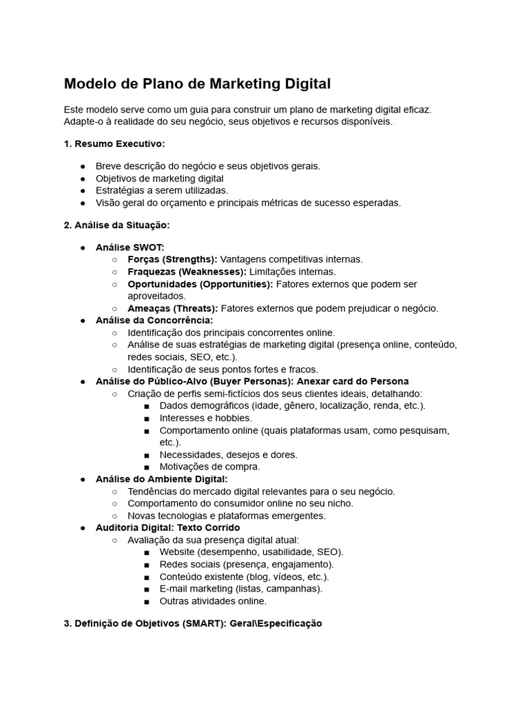 Modelo de Plano de Marketing Digital | PDF | Marketing | Marketing digital