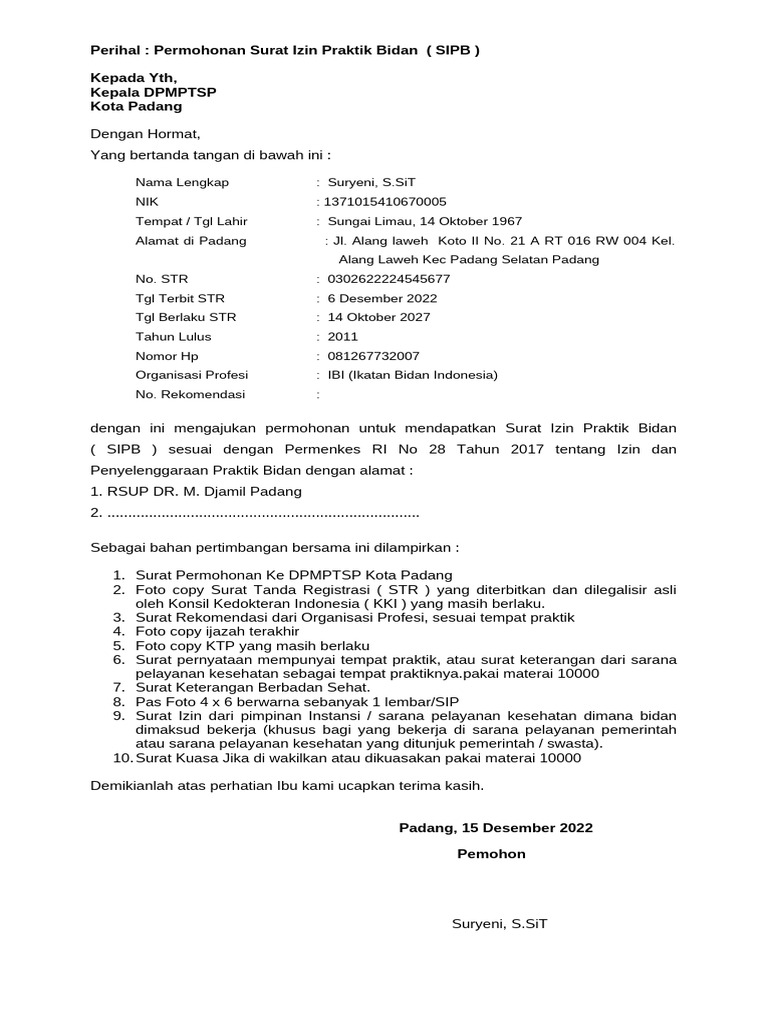 Permohonan SIPB oleh Suryeni, S.SiT | PDF