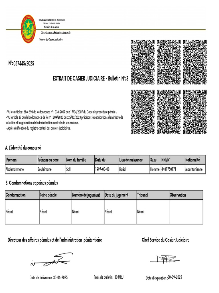 Extrait de casier judiciaire en Mauritanie | PDF