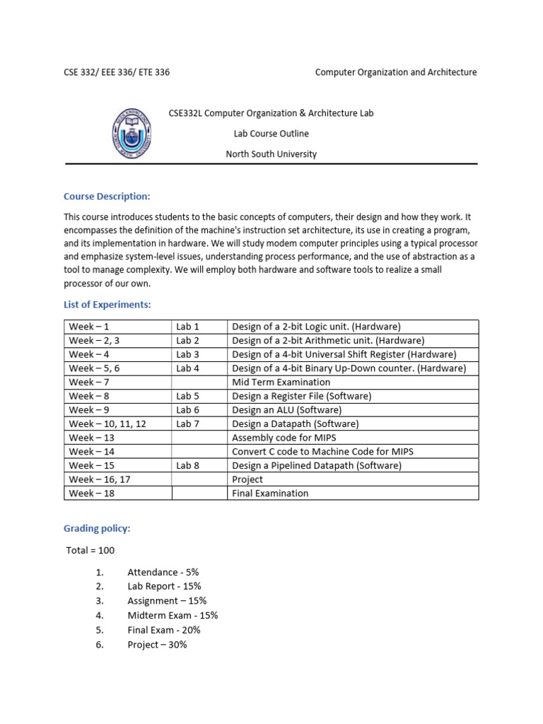 Computer Organization Lab Course Outline | PDF | Central Processing ...