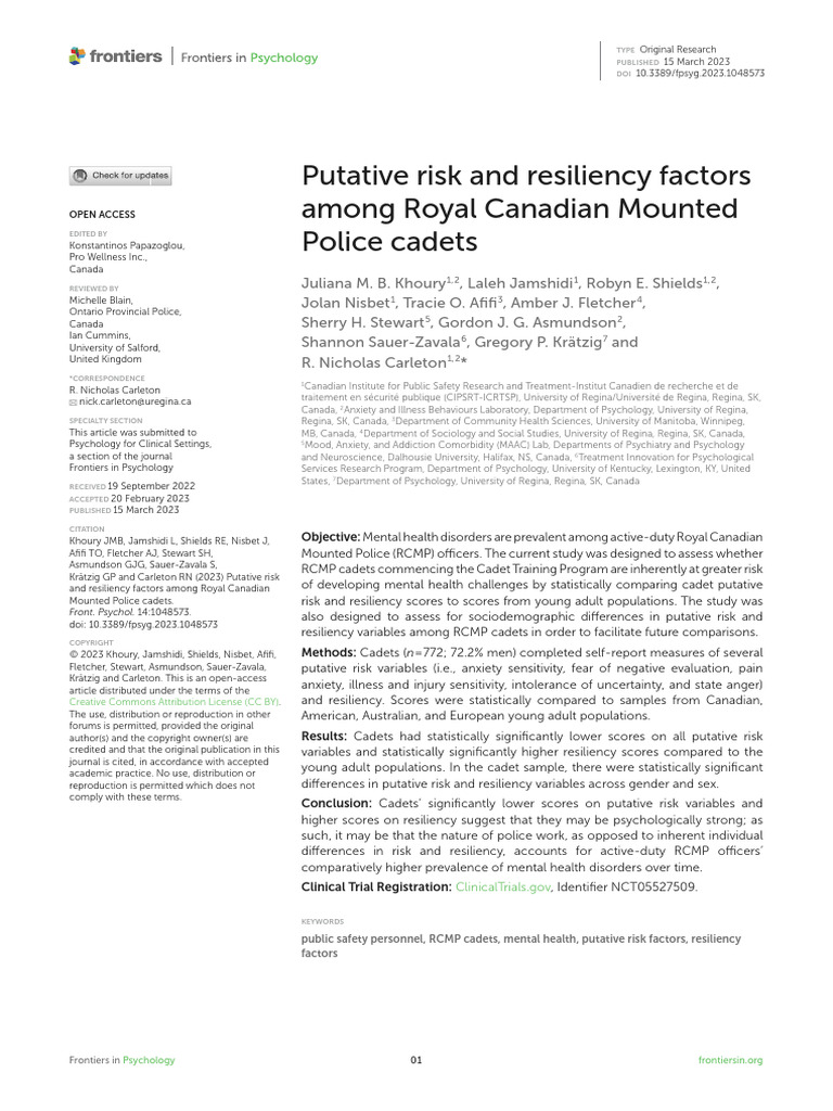 Khoury, 2023. Putative Risk and Resiliency Factors Among Royal Canadian ...