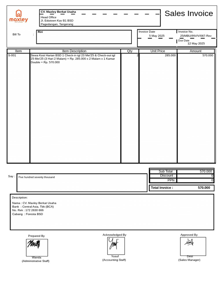 Kost Harian Invoice - CV. Maxley BSD | PDF | Business Documents