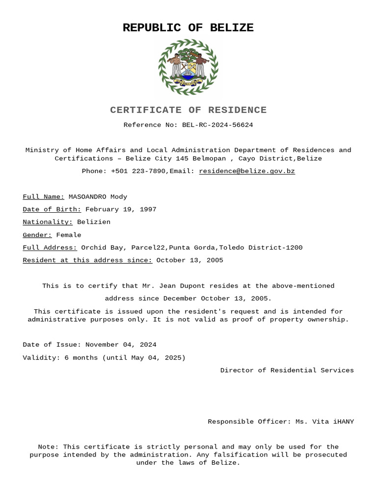 Certificat de Residence Belize | PDF