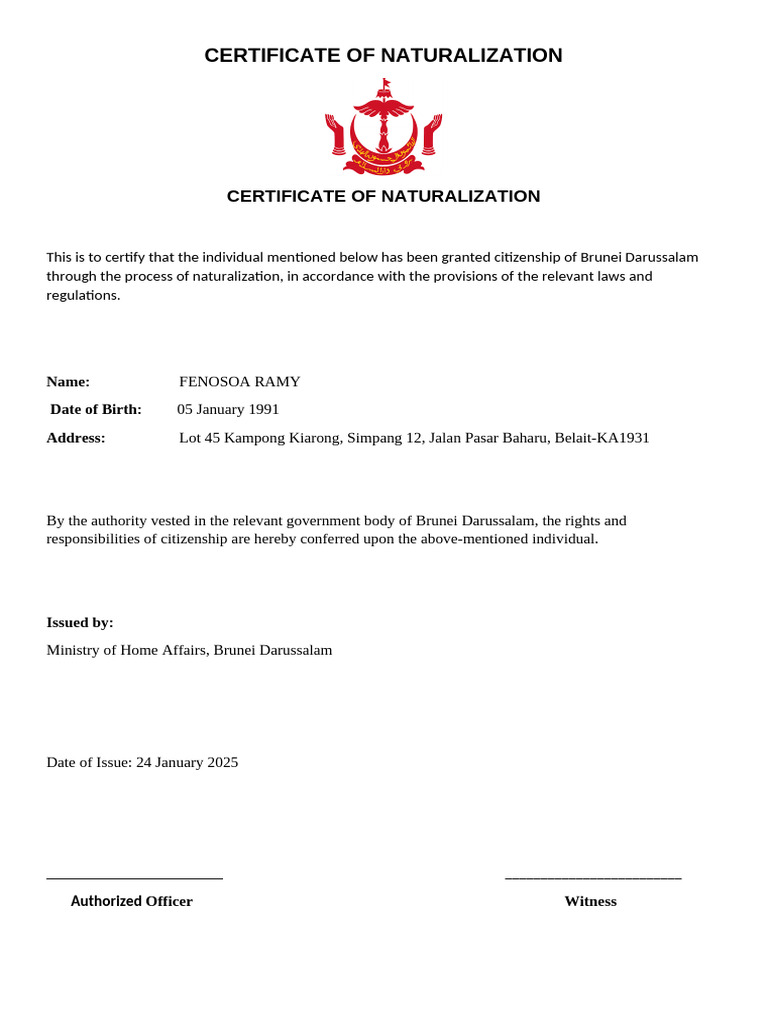 Brunei Naturalization Certificate for Fenosoa Ramy | PDF