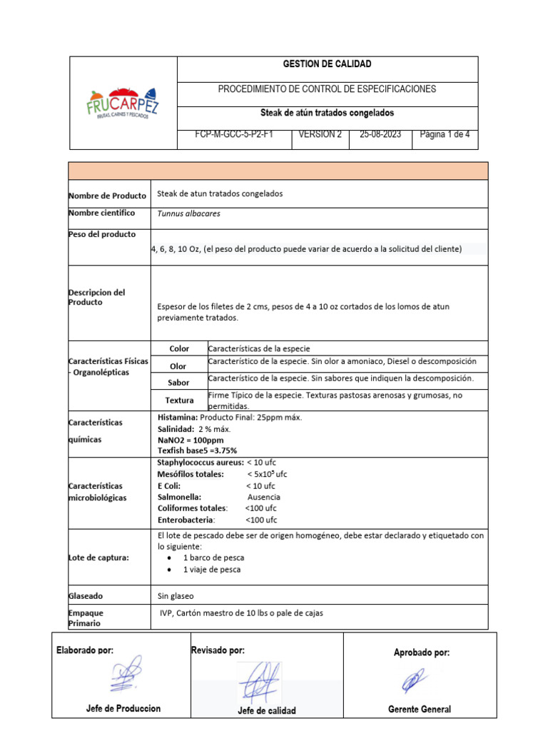 Fcp-m-gcc-5-p2-f1 PT Steak de Atun Tratado Congelado Español | PDF