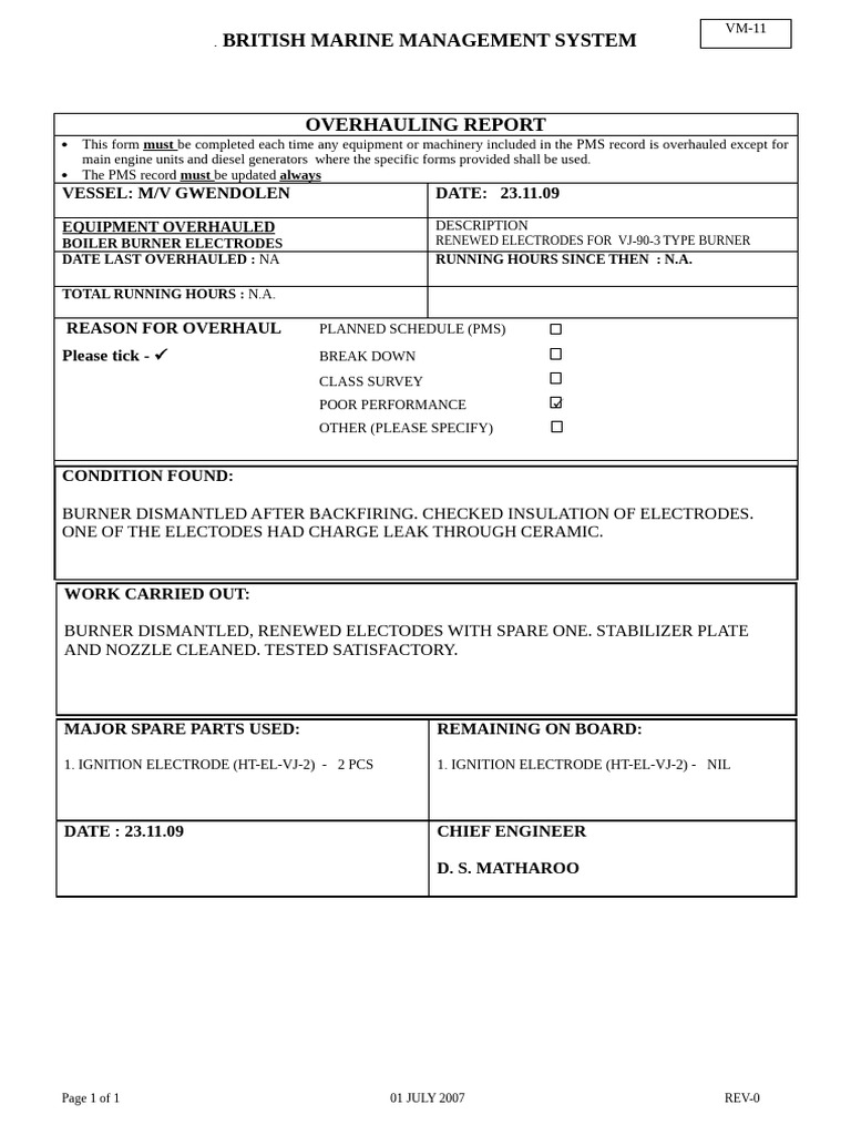 VM-11 Overhauling Report Boiler Burner 23.11.09 | PDF