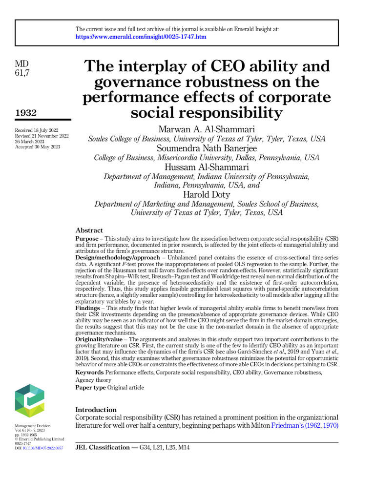 CEO Ability and Governance in CSR Impact | PDF | Corporate Social ...