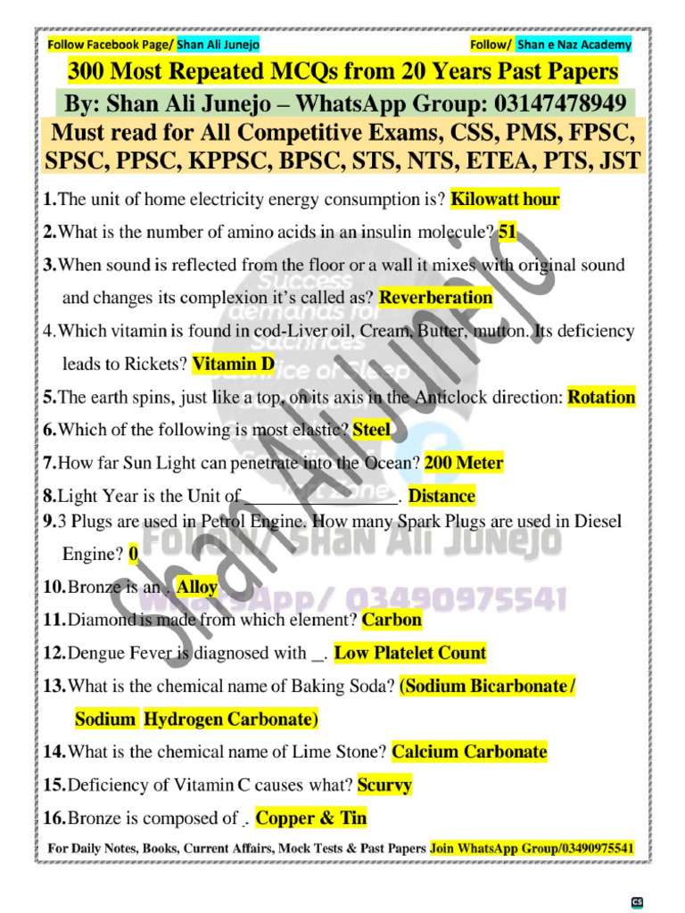 300+ Science Most Repeated MCQs From Past Papers by Shan Ali Junejo ...