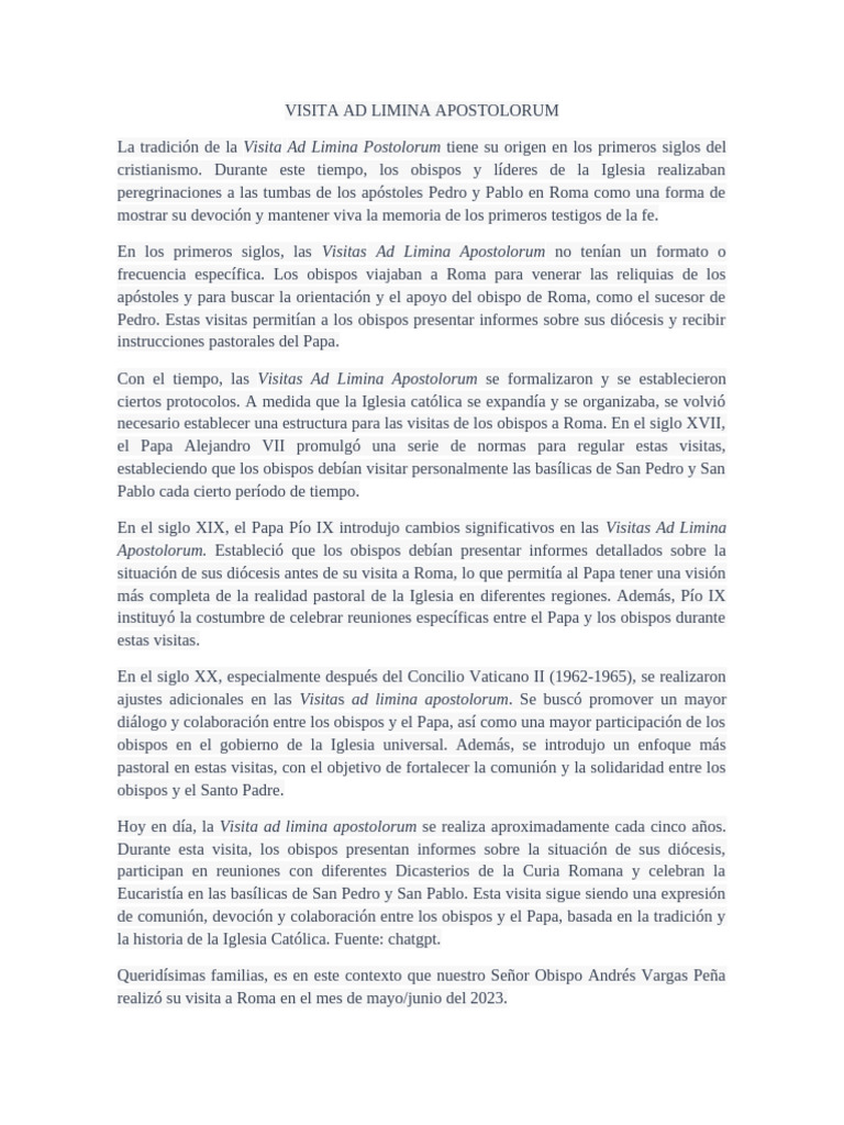 Historia de la Visita Ad Limina Apostolorum | PDF | Iglesia Católica | Papa