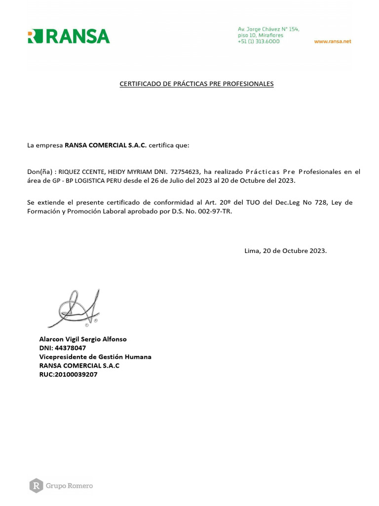 Certificado de Prácticas RANSA 2023 | PDF