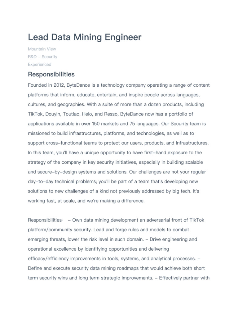 Lead Data Mining Engineer JD | PDF | Data Mining | Engineering