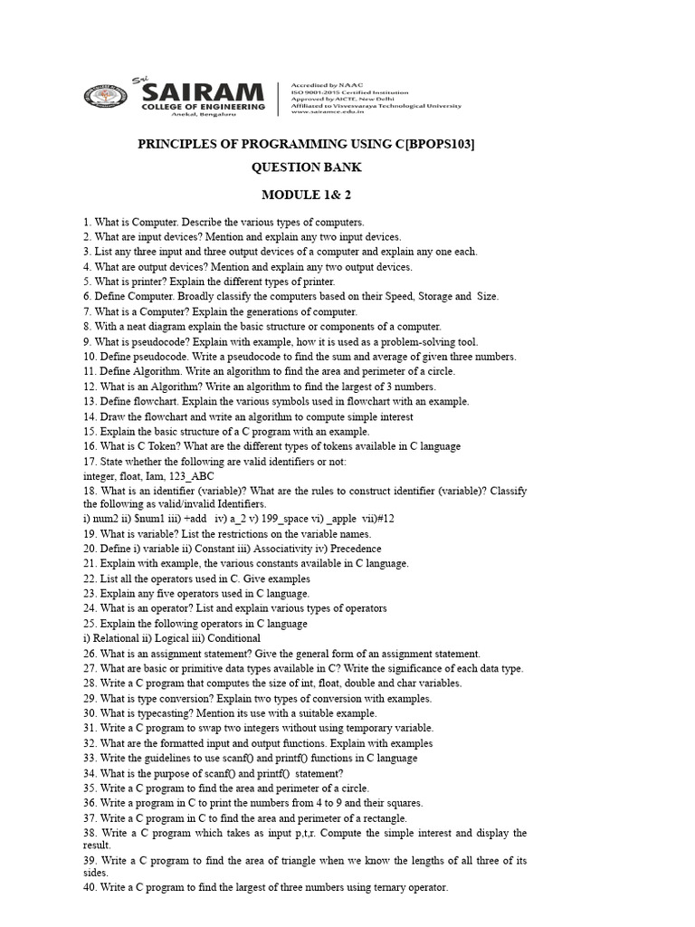 C Programming Principles Question Bank | PDF | Control Flow | Computer ...