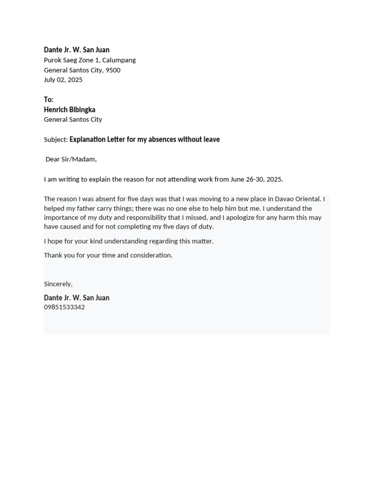 Absence Explanation Letter Template | PDF