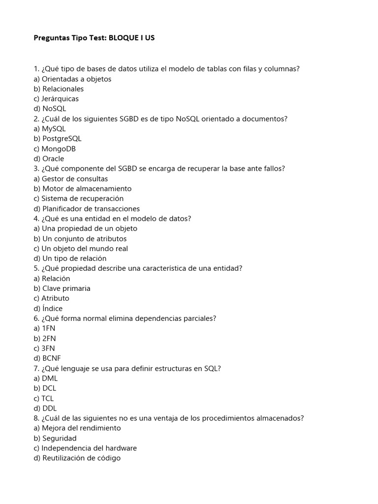 Test Bloque II | PDF | SQL | Bases de datos