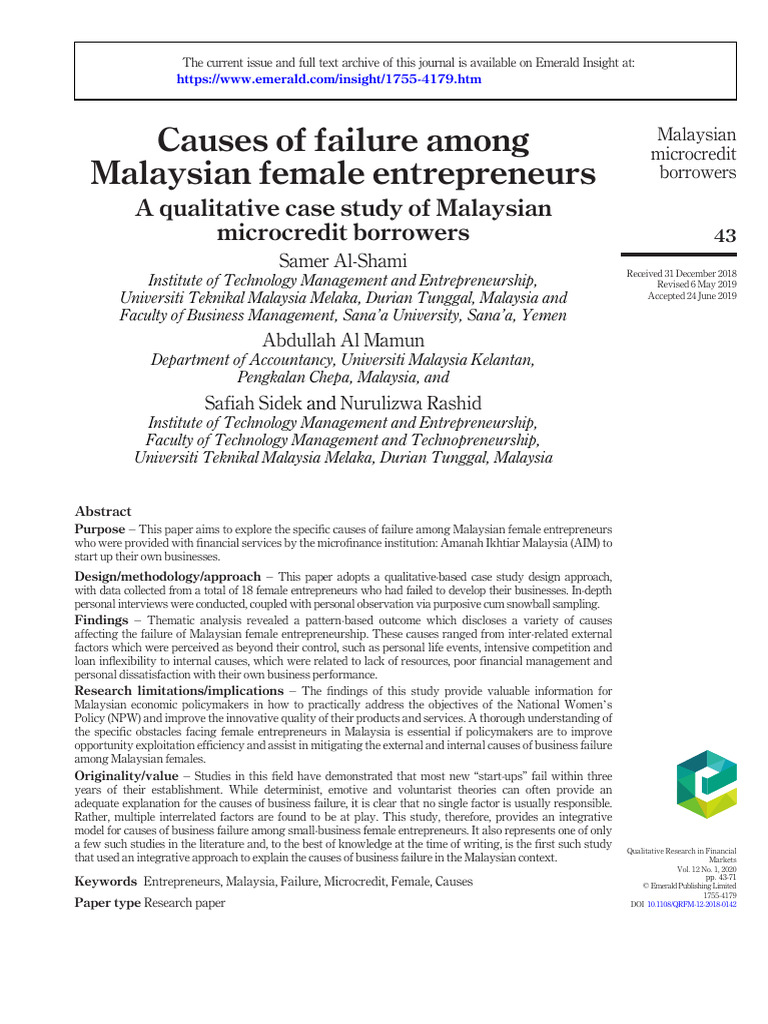Causes of Failure in Malaysian Female Entrepreneurs | PDF ...