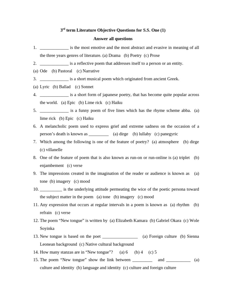 3rd Term Literature Objective Questions For S | PDF | Poetry ...