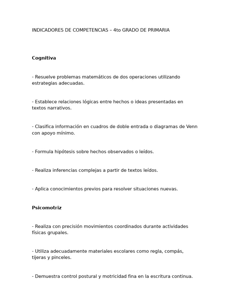 Indicadores de Competencias 4to Grado | PDF