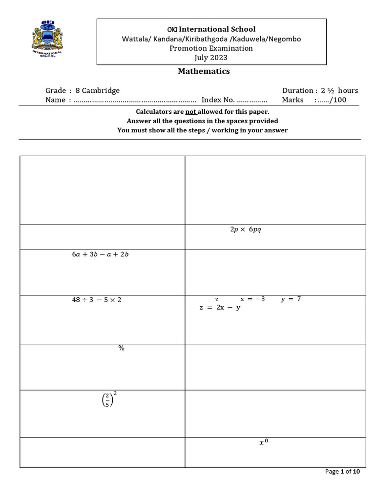 Grade 8 Cambridge Math Exam Paper | PDF | Area | Elementary Geometry