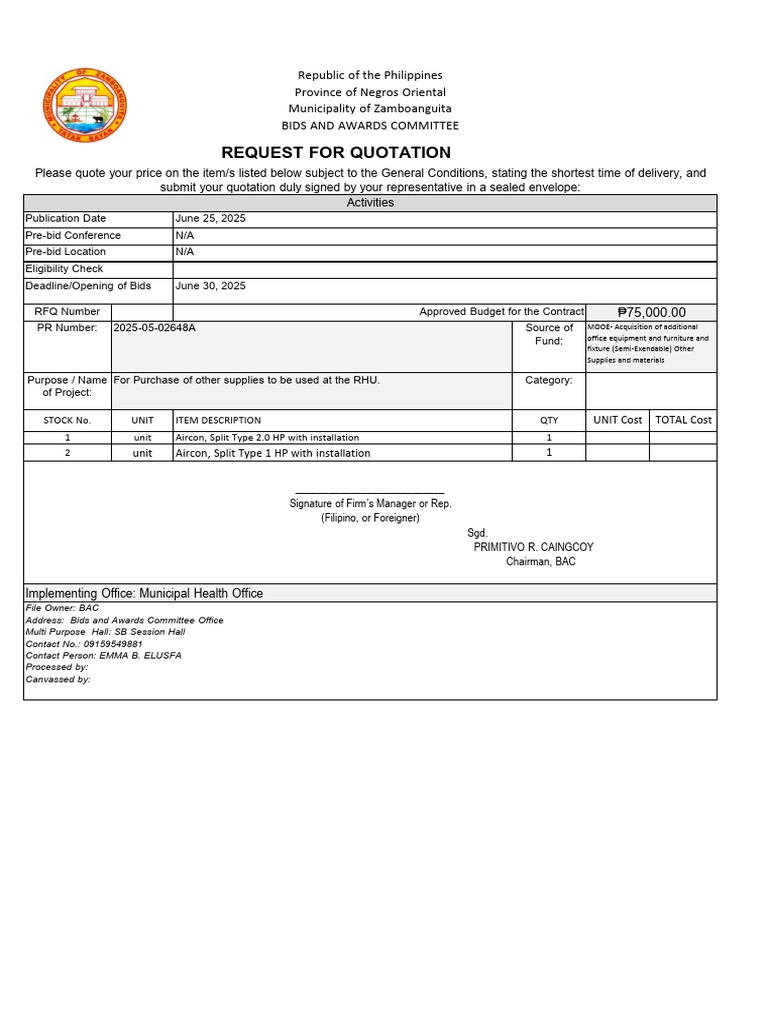 RFQ for Office Equipment in Zamboanguita | PDF