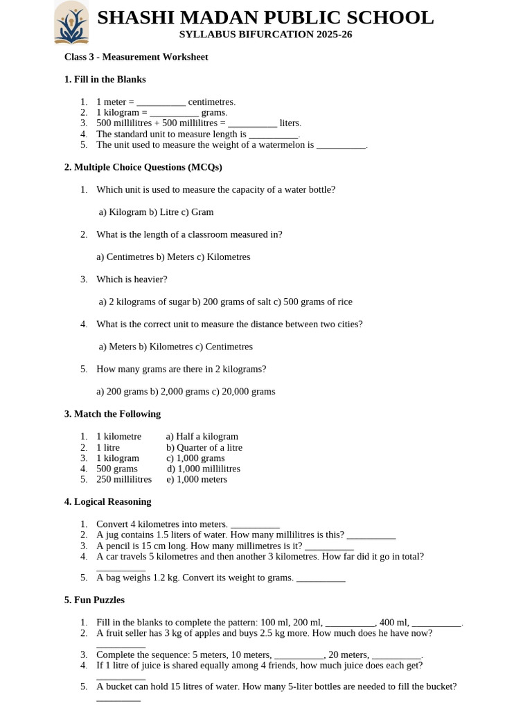 Class 3 Measurement Worksheet | PDF