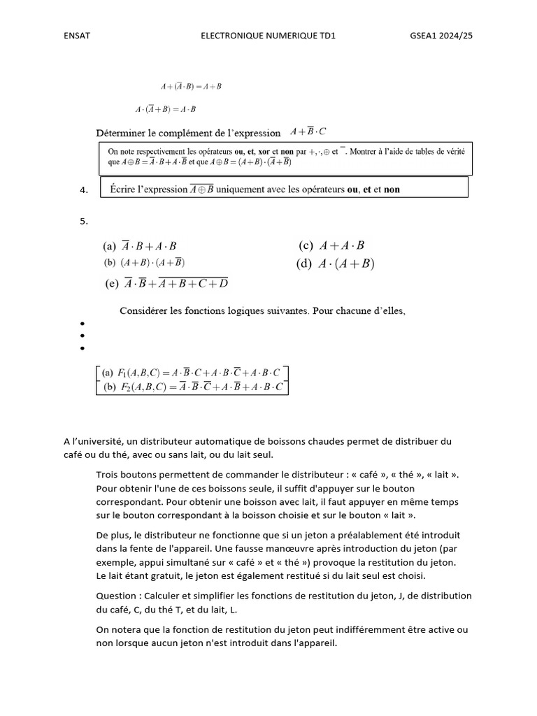 Exercice de logique numérique TD1 ENSAT | PDF