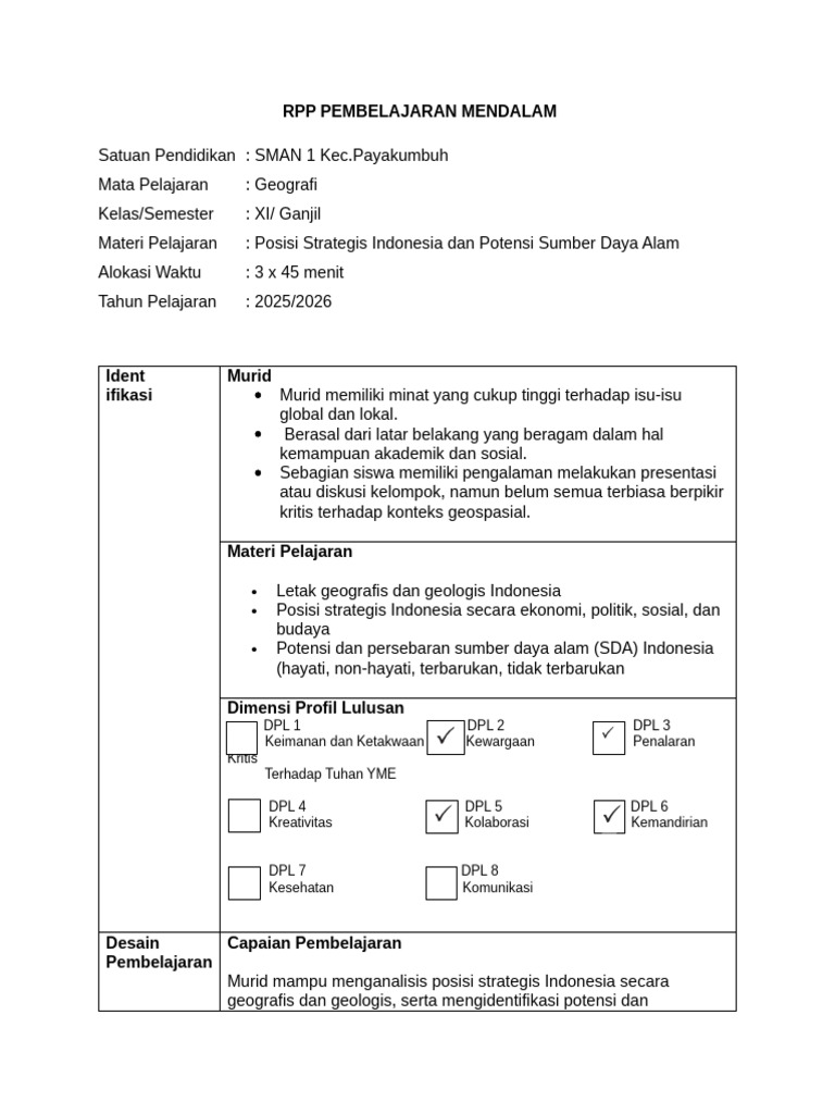 RPP Desain Perencanaan Pembelajaran Mendalam | PDF
