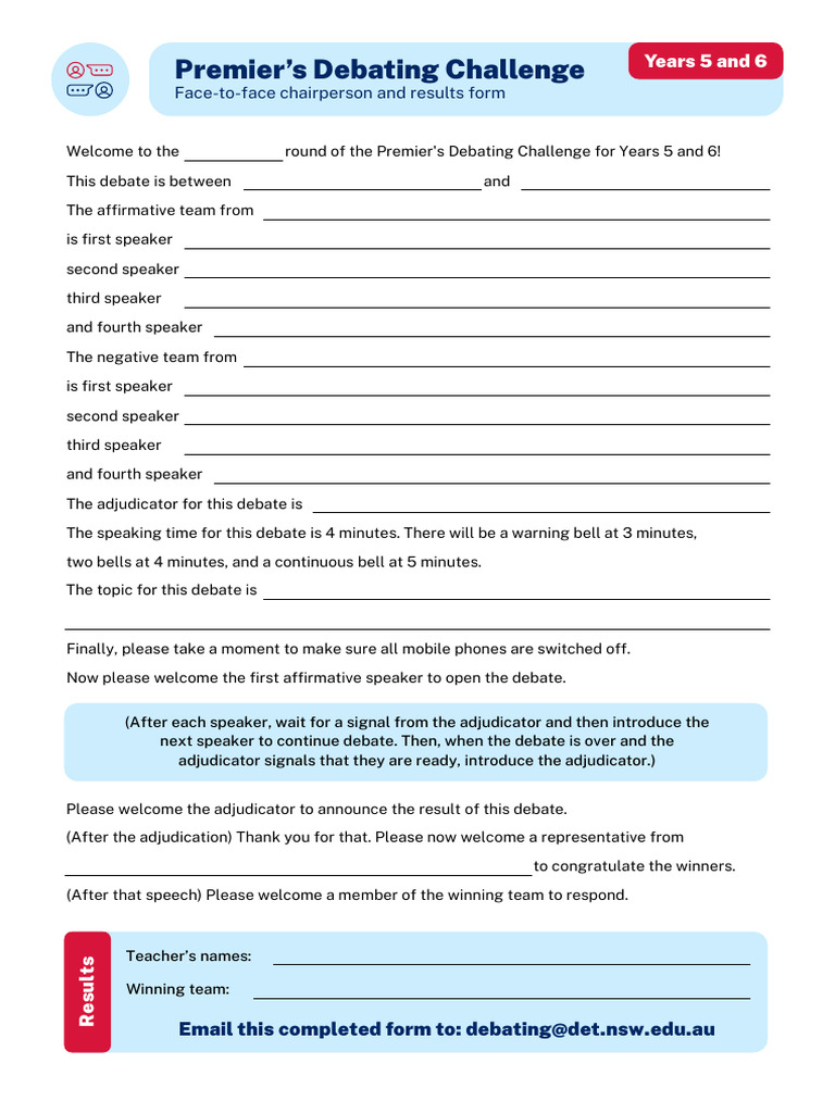 Years 5 and 6 Debating Face-To-Face Chairperson Form | PDF