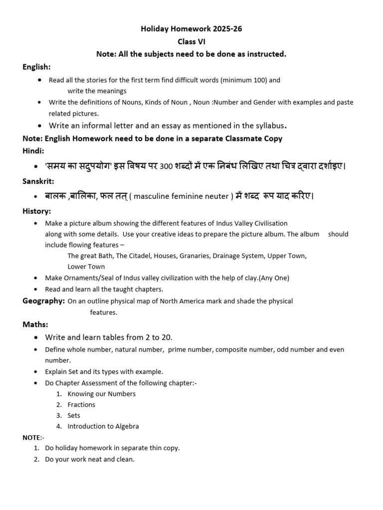 Holiday Homework 2026 Class 6 | PDF | Numbers | Grammatical Gender