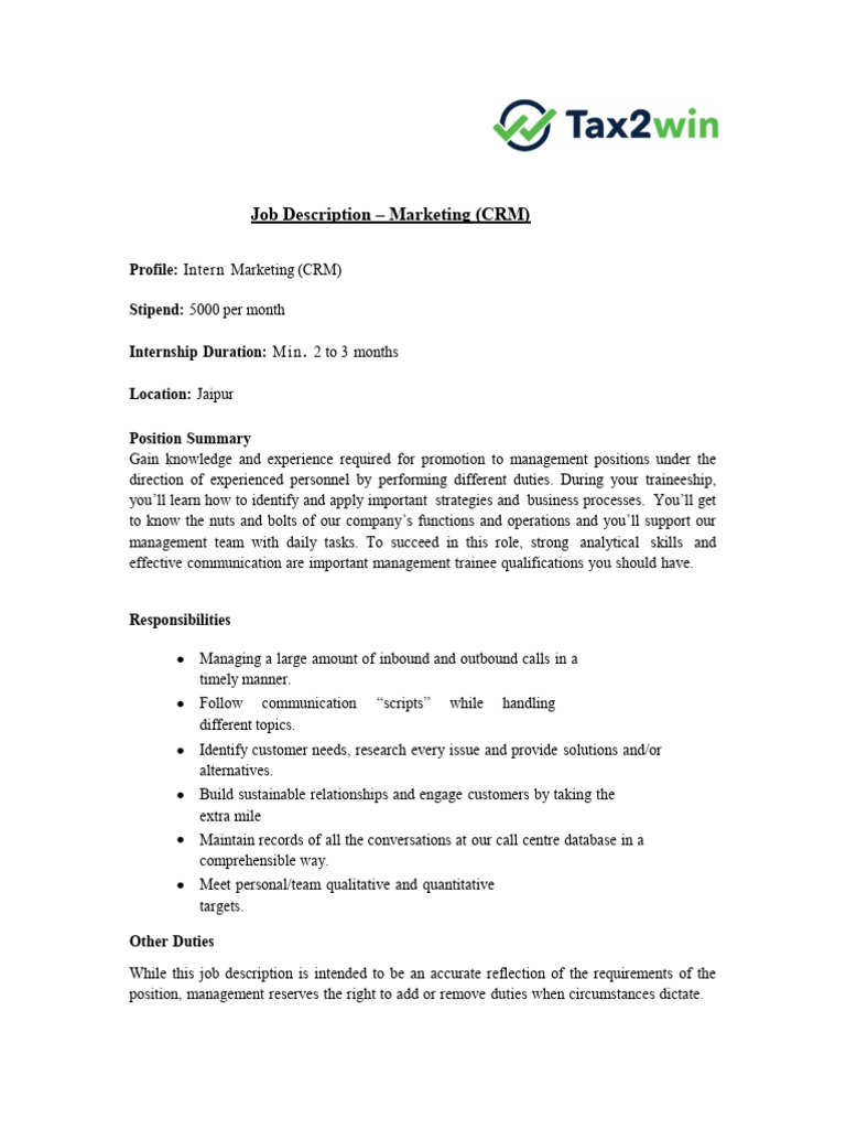JD - Marketing (CRM) Internship | PDF