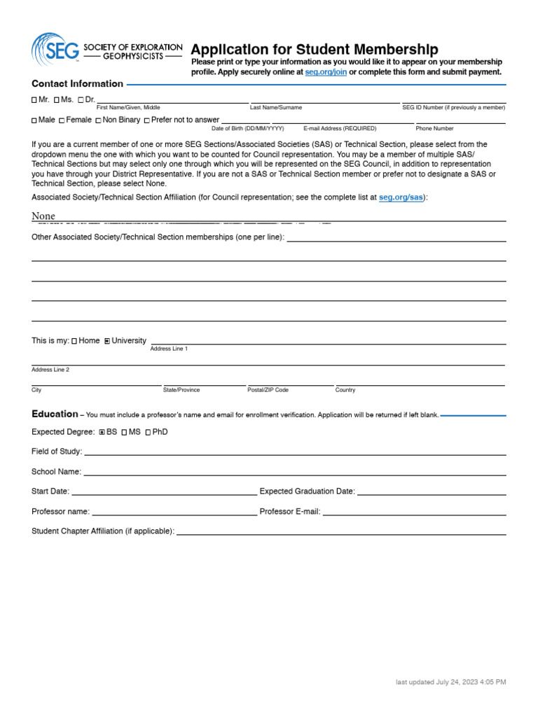 SEG Student Membership Application | PDF | Payments | Services (Economics)