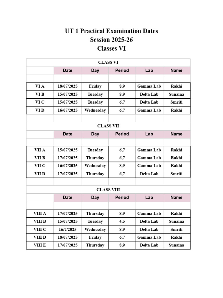 UT Class VI-VIII Exam Schedule 2025 | PDF