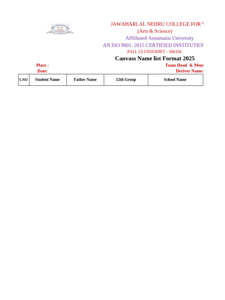 Student Canvass Name List Format 2025 | PDF