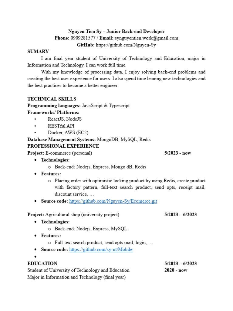 Junior Back-end Developer Resume | PDF
