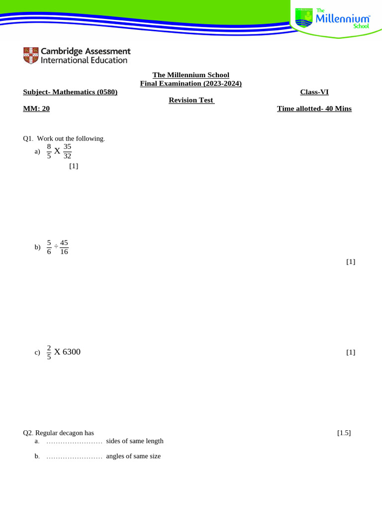Grade Vi Maths RT (Fe) | PDF