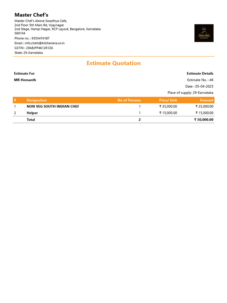 Estimate Quotation For Chefs | PDF