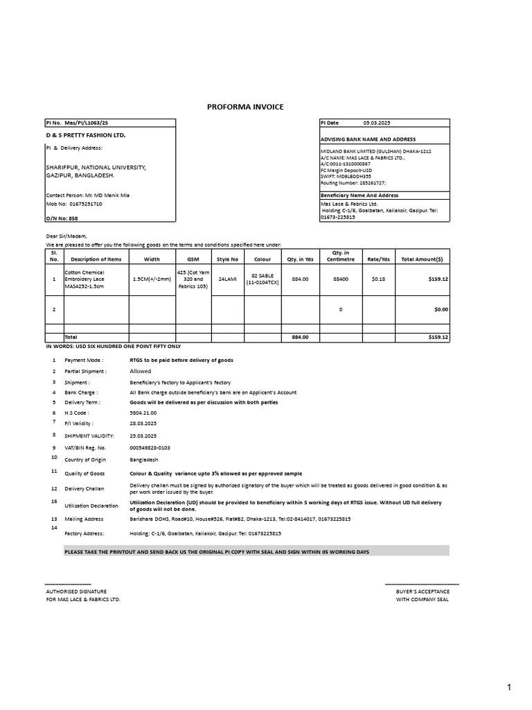 Proforma Invoice for D&S Pretty Fashions | PDF | Textiles