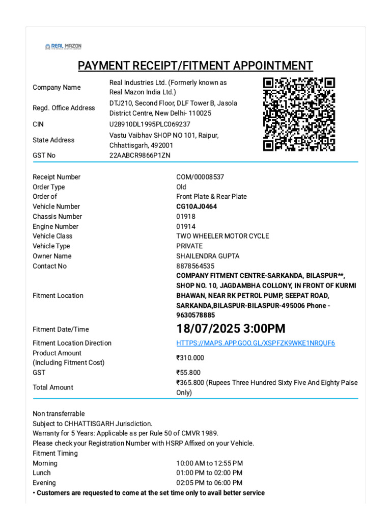 Payment Receipt for HSRP Fitment | PDF | Transport | Vehicles