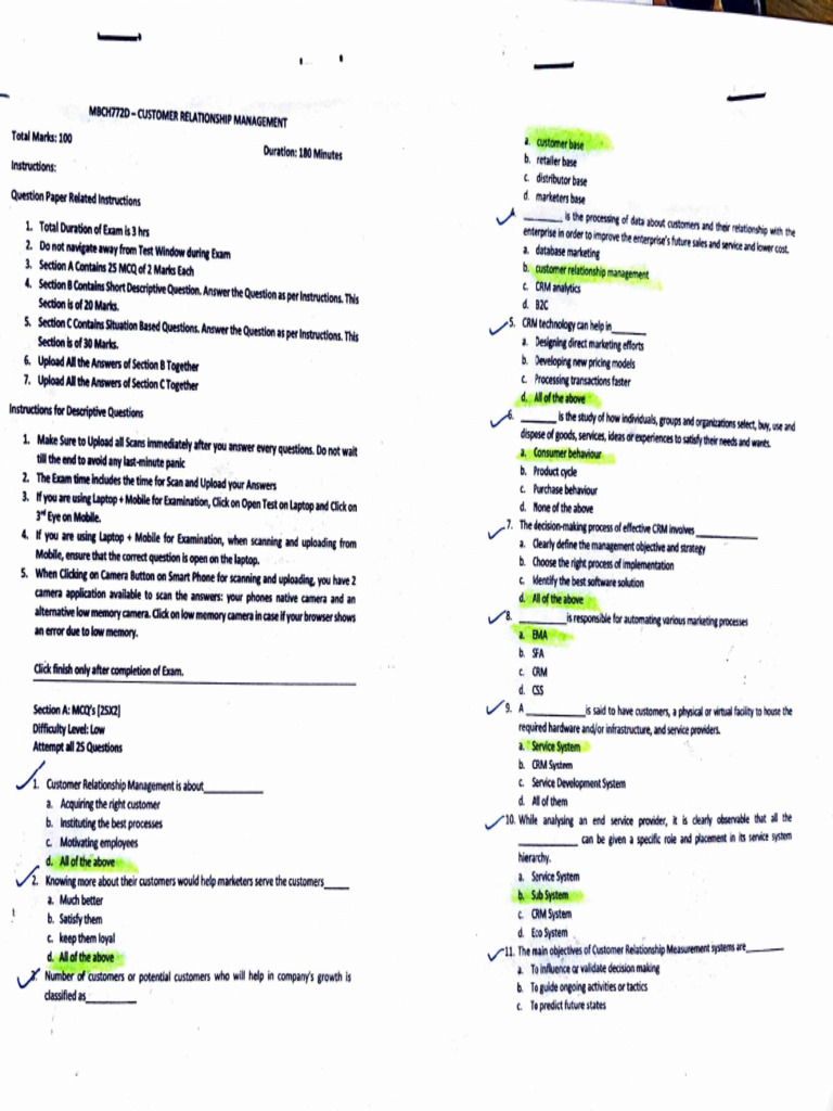 Answ. CRM Sample Paper MCQs | PDF | Customer Relationship Management ...
